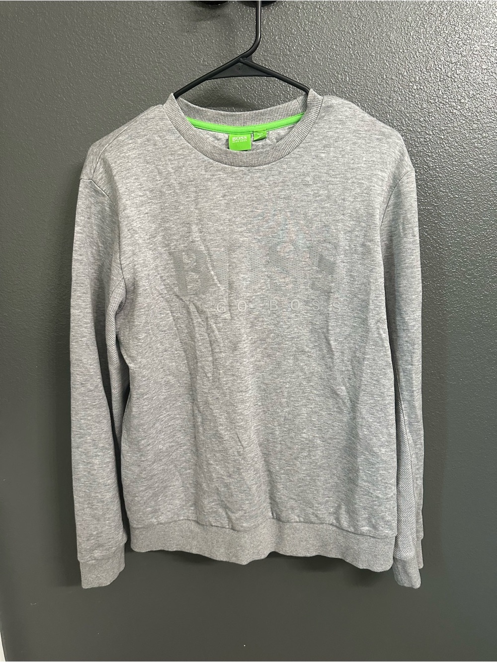 BOSS Light Gray Crewneck Sweatshirt with Lime Neck Detail